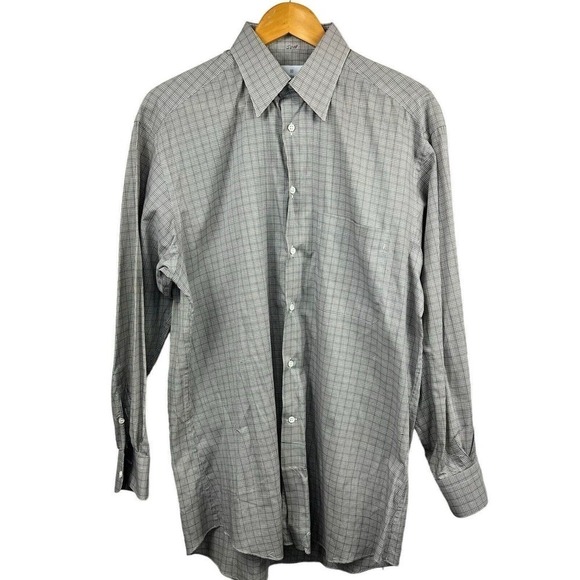 Ermenegildo Zegna Tan Blue Plaid Check Button Down Size S 39 15 1/2 - Picture 1 of 14